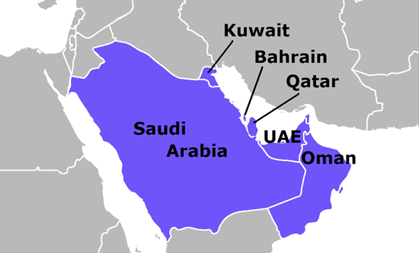 Map showing the countries in the GCC